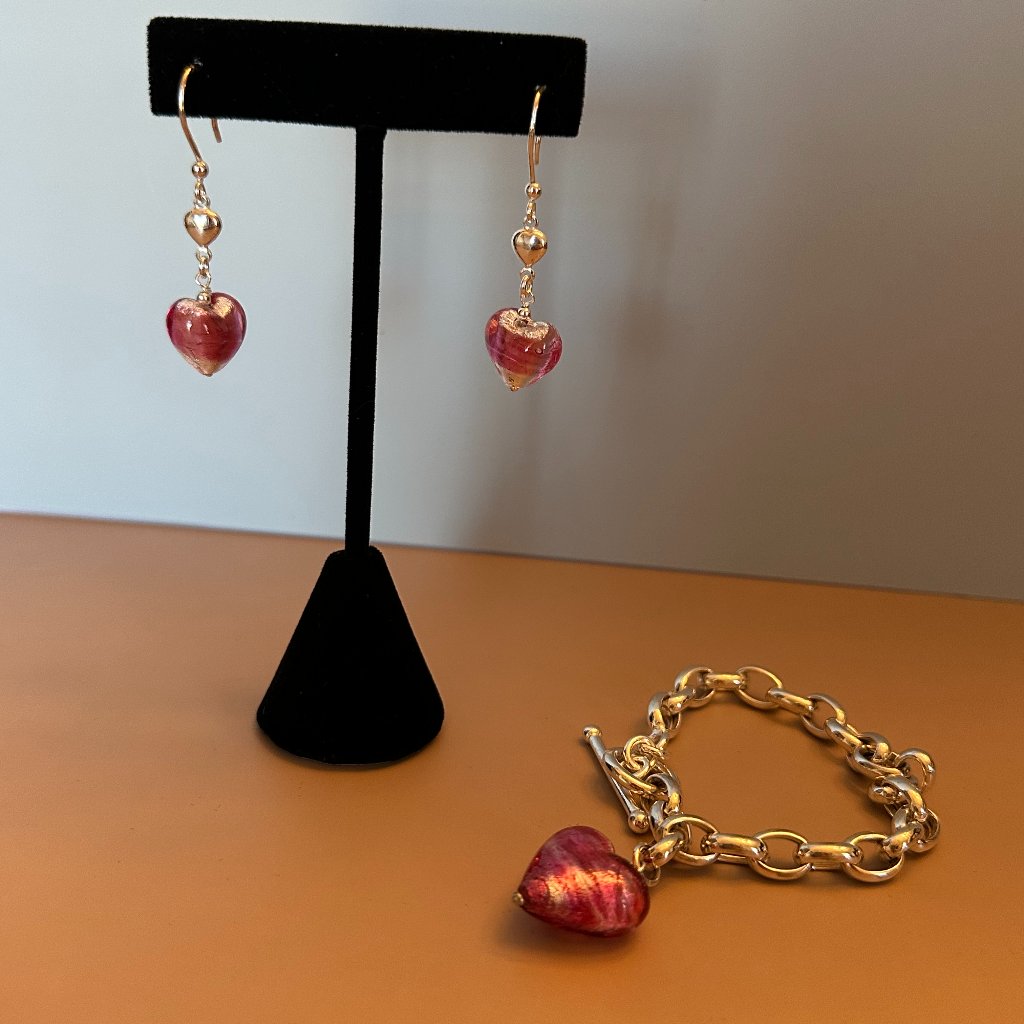 Valentine Murano Venetian Glass Pink Heart Bracelet Earrings Set Sterling